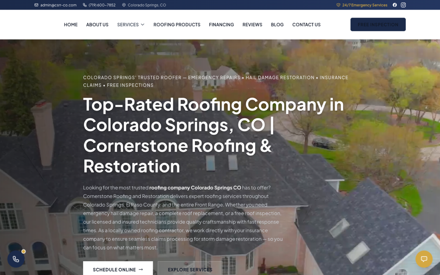 Cornerstone Roofing and Restoration homepage hero, Colorado Springs roofing operator