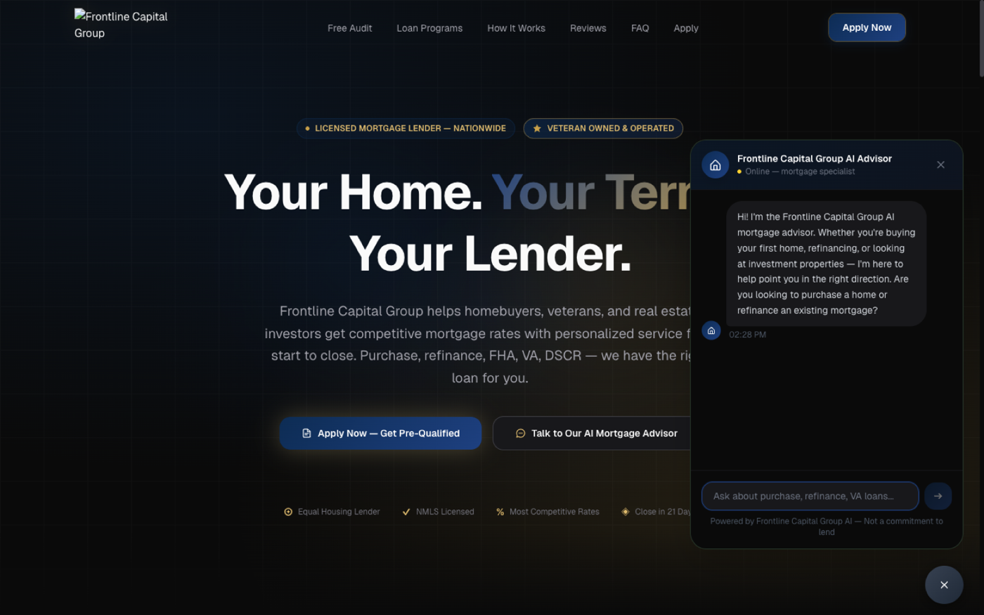 Frontline Capital Group homepage with AI mortgage advisor chat widget active in the lower right