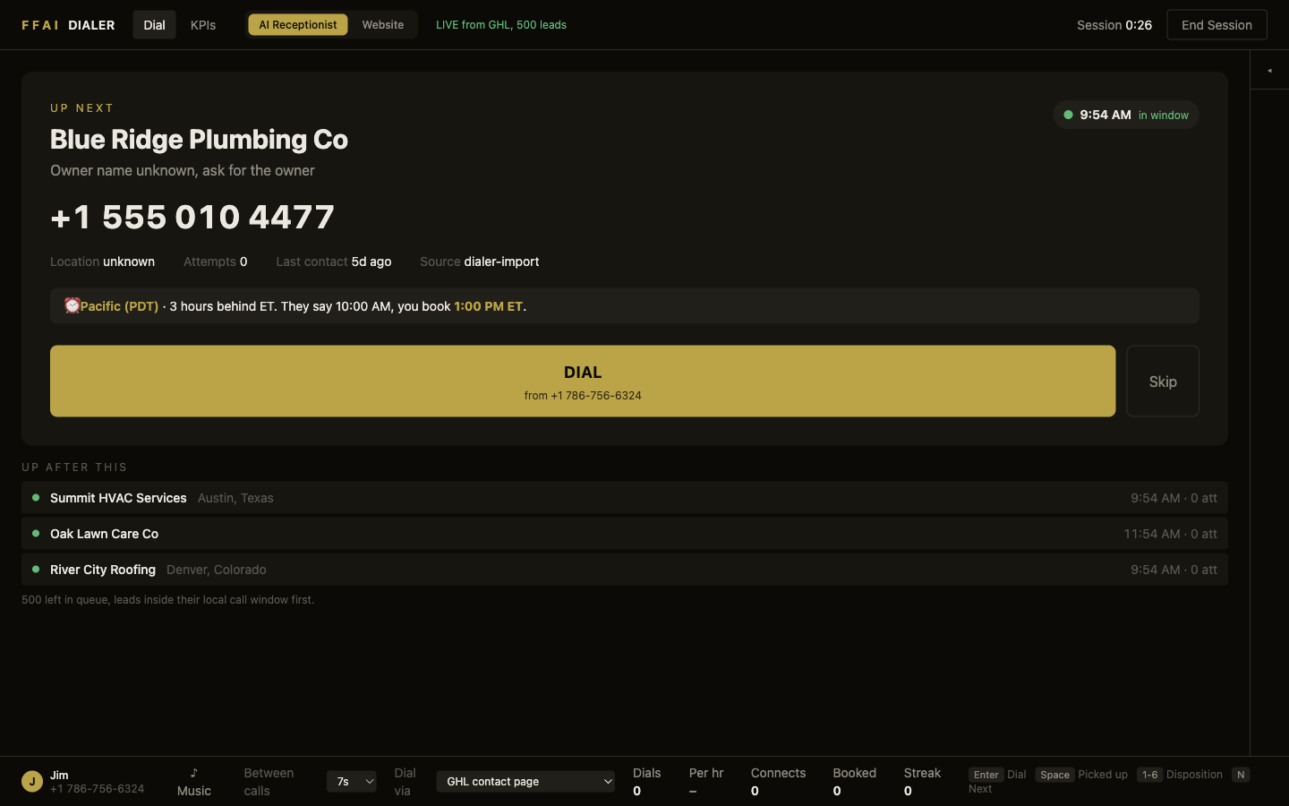 The power dialer cockpit with lead card, timezone conversion, and session stats
